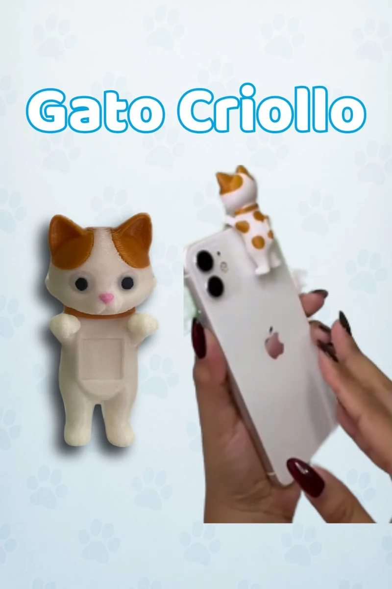 Accesorio 3D de Gato Criollo mostrado de frente y colocado en un celular