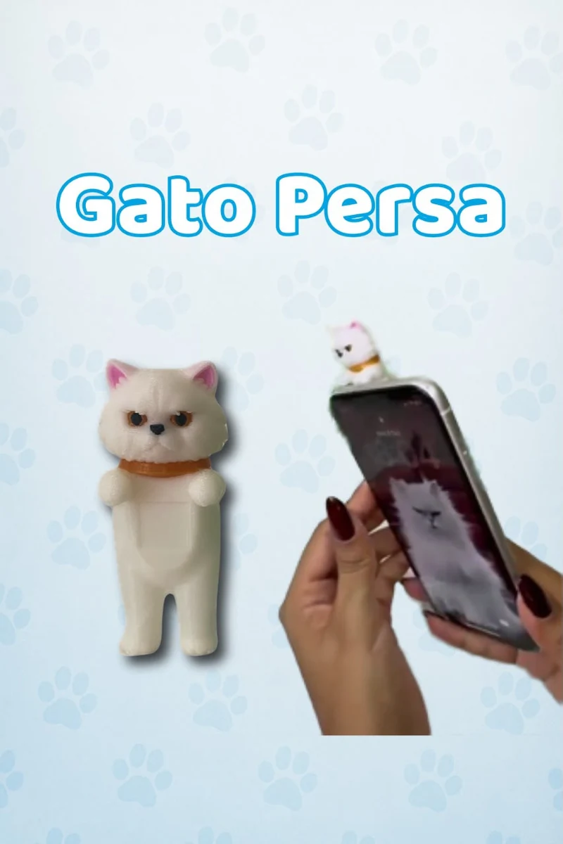 Accesorio 3D de Gato Persa mostrado de frente y colocado en un celular