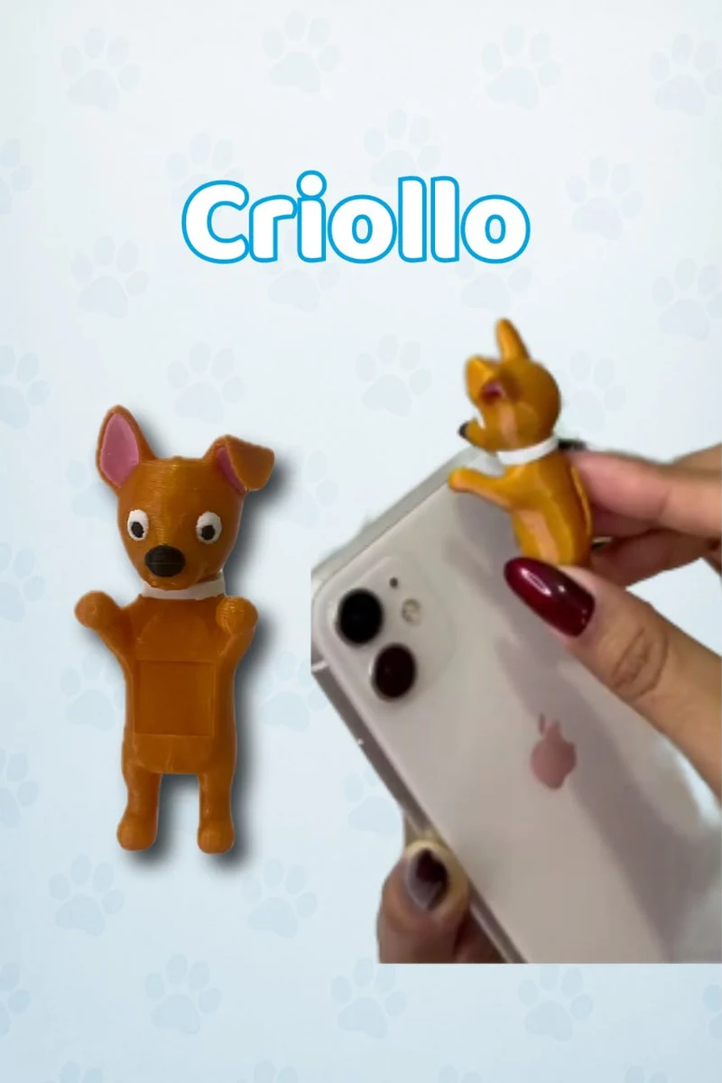 Accesorio 3D de Perro Criollo mostrado de frente y colocado en un celular