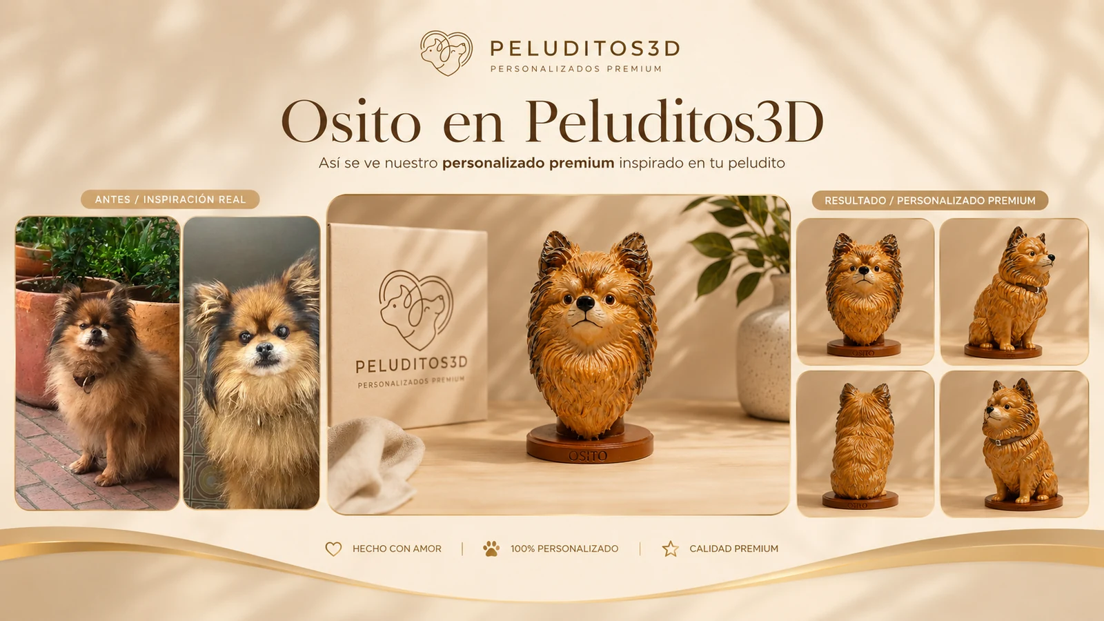 Comparación de las fotografías de Osito con su figura personalizada premium creada por Peluditos 3D